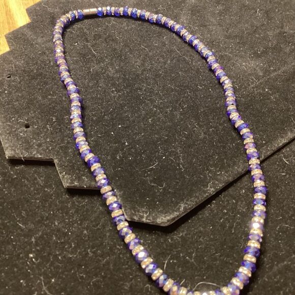 Royal Blue and Silvertone Crystal Necklace - Picture 5 of 5